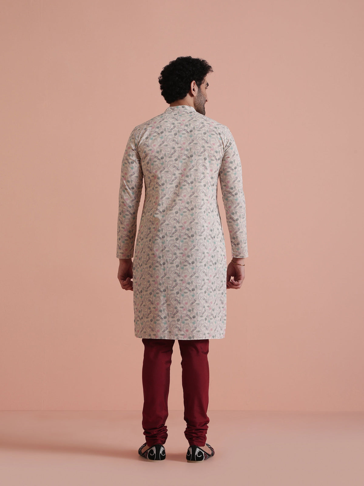 Beige Printed Cotton Kurta with Multicolor Kantha-Inspired Motifs for Festive Wear