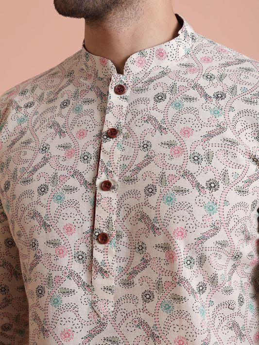Beige Printed Cotton Kurta with Multicolor Kantha-Inspired Motifs for Festive Wear