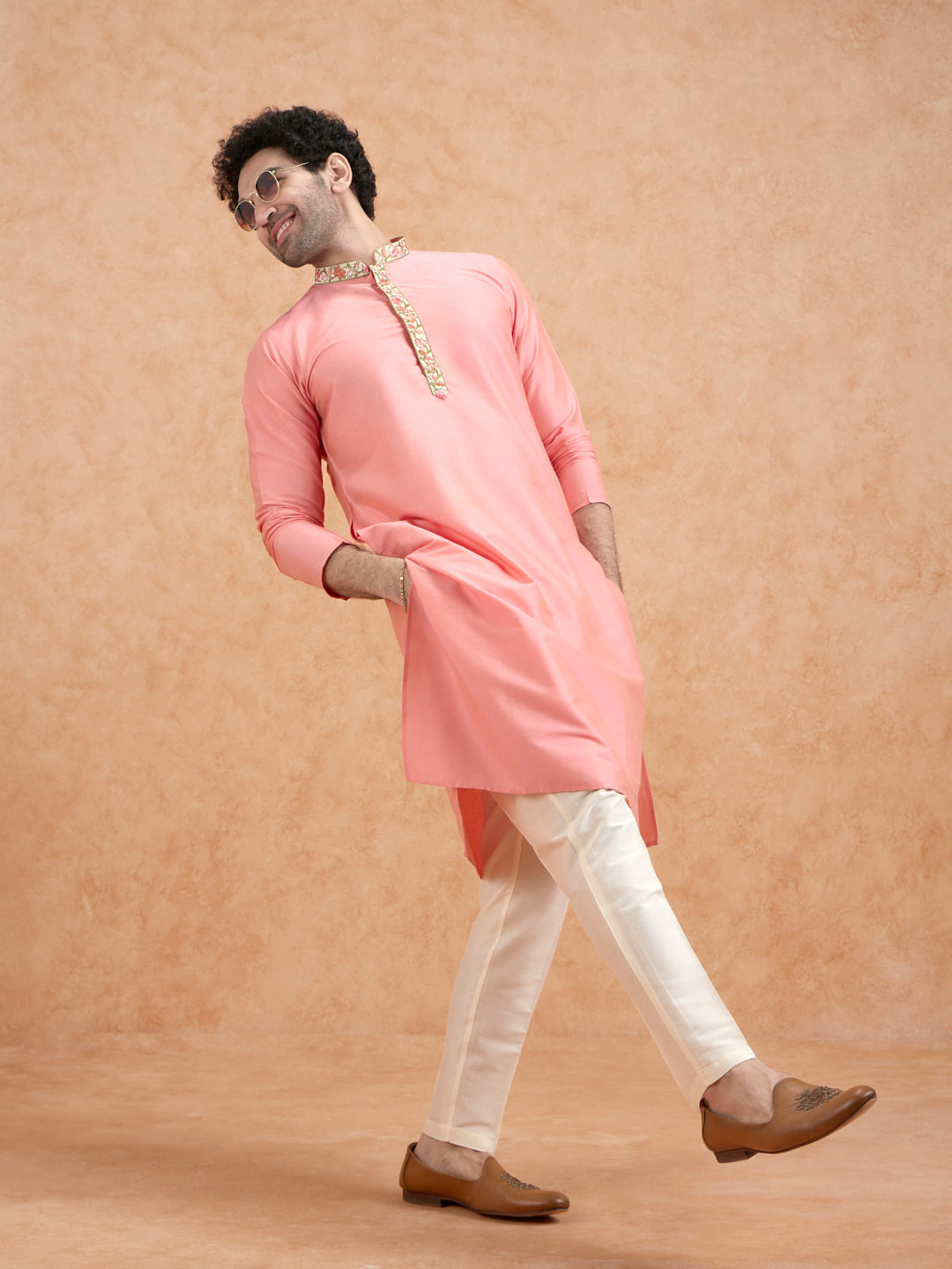 Pink Kurta with Embroidered Neckline