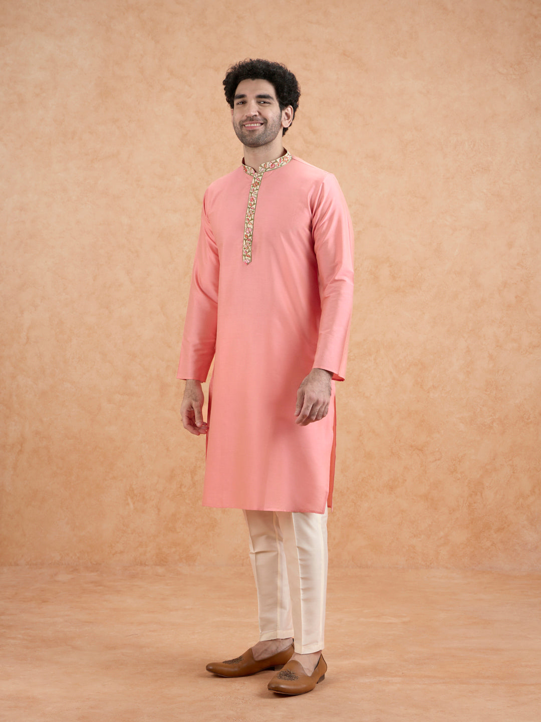 Pink Kurta with Embroidered Neckline