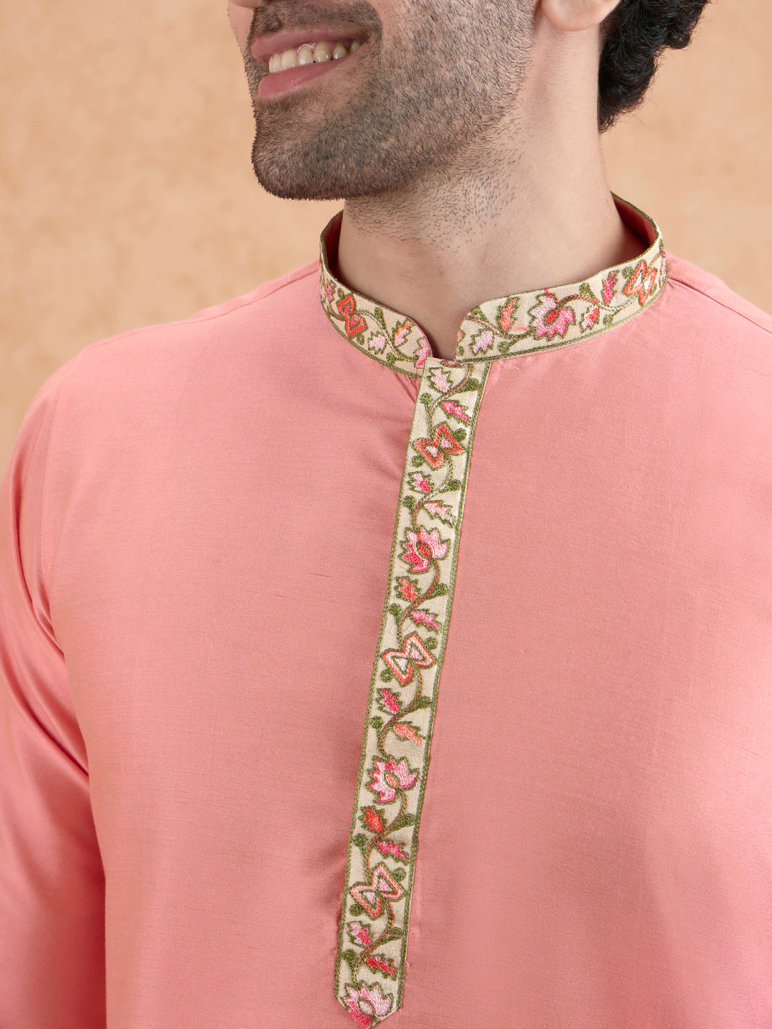 Pink Kurta with Embroidered Neckline