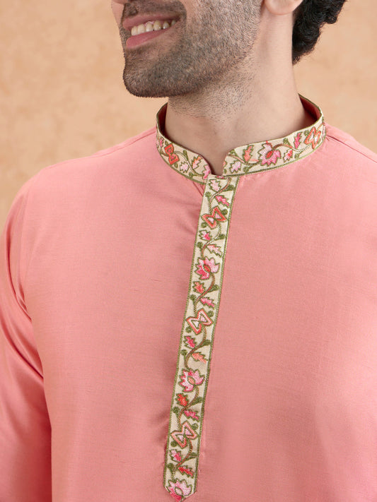 Pink Kurta with Embroidered Neckline