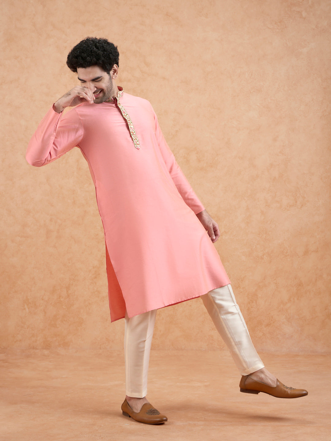 Pink Kurta with Embroidered Neckline