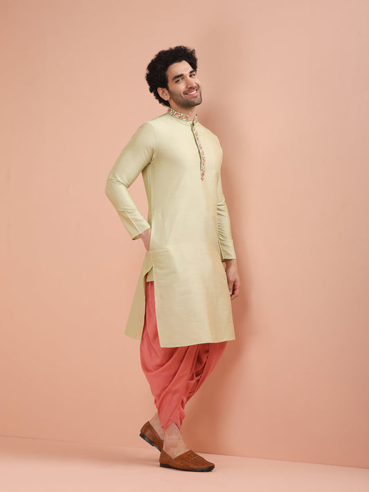 Beige Silk Blend Embroidered Long Kurta
