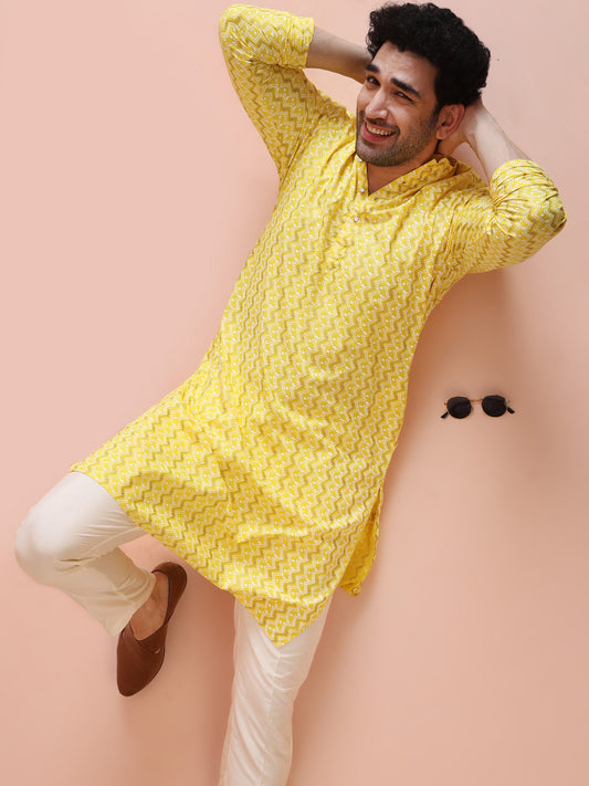 Yellow Silk Blend Kurta with Geometric Woven Pattern