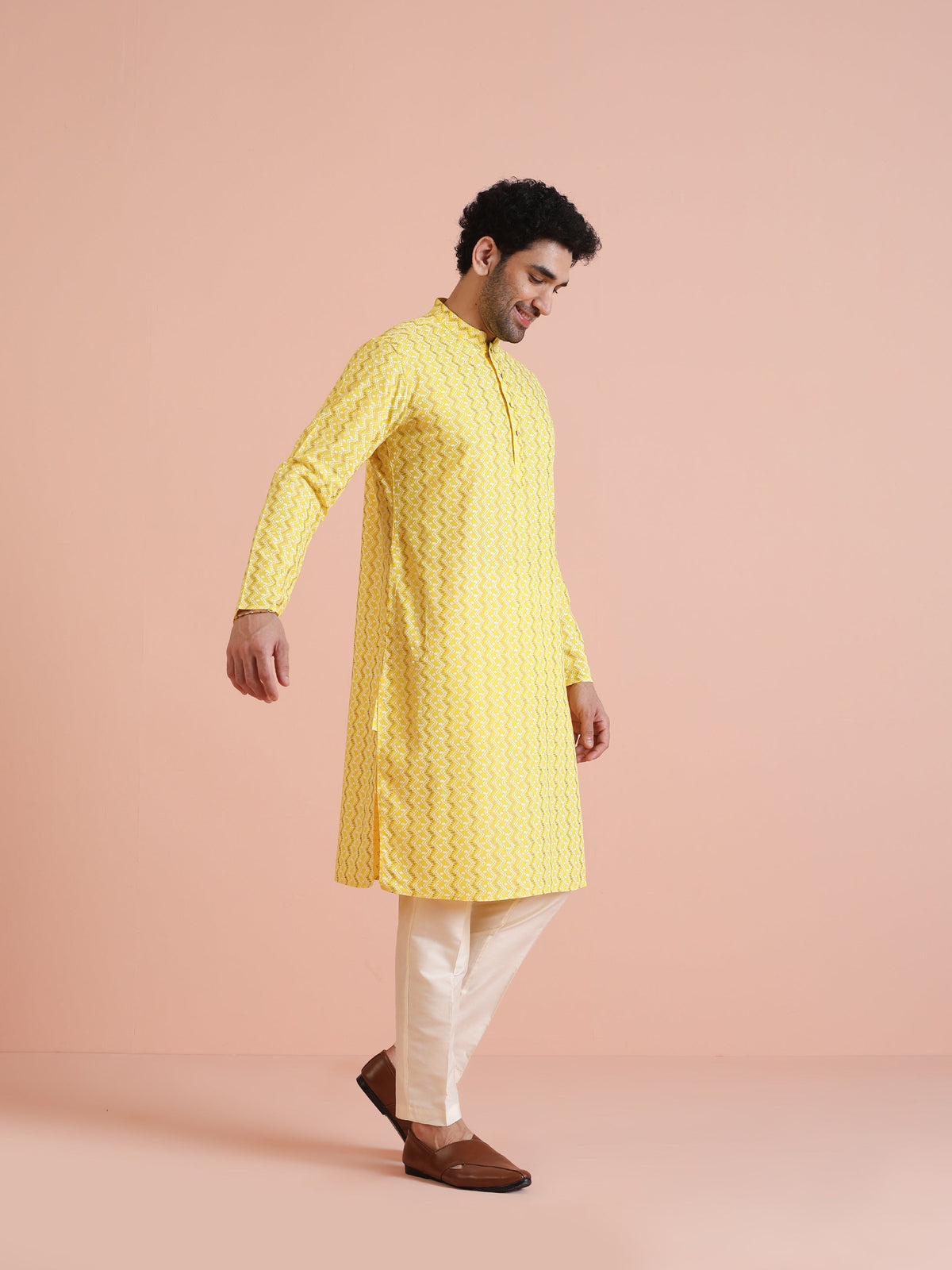 Yellow Silk Blend Kurta with Geometric Woven Pattern