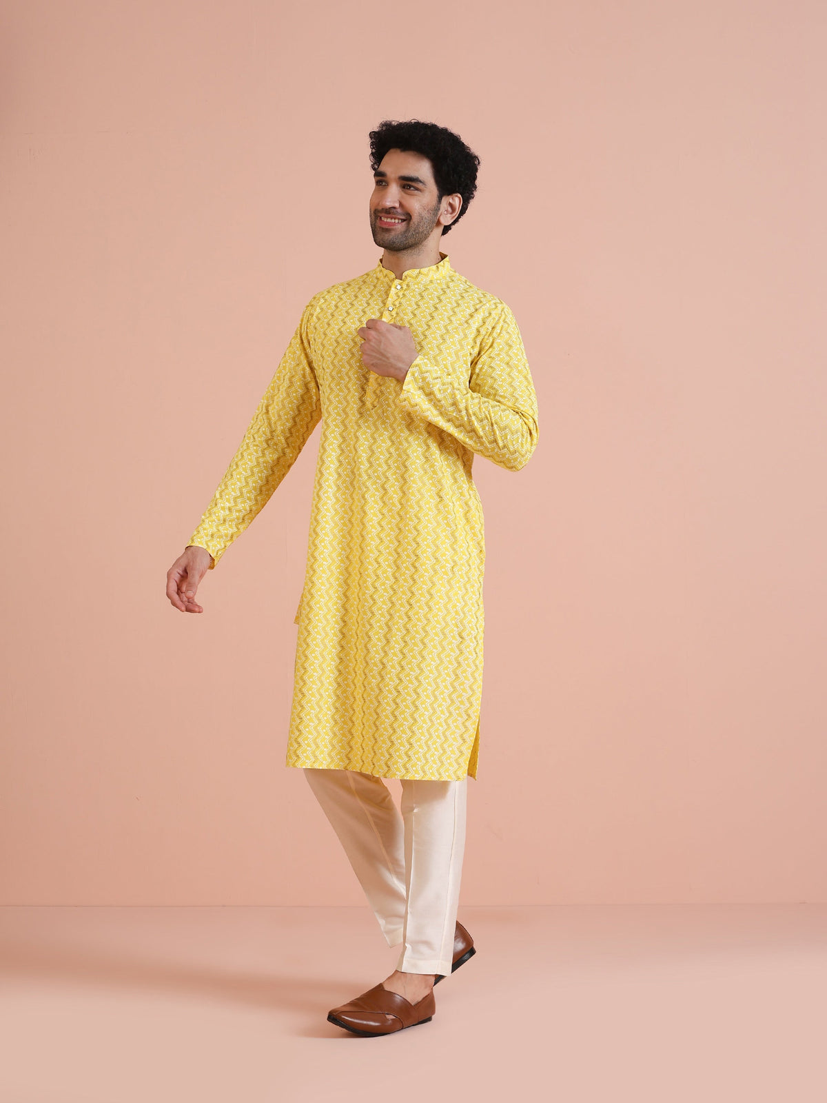 Yellow Silk Blend Kurta with Geometric Woven Pattern