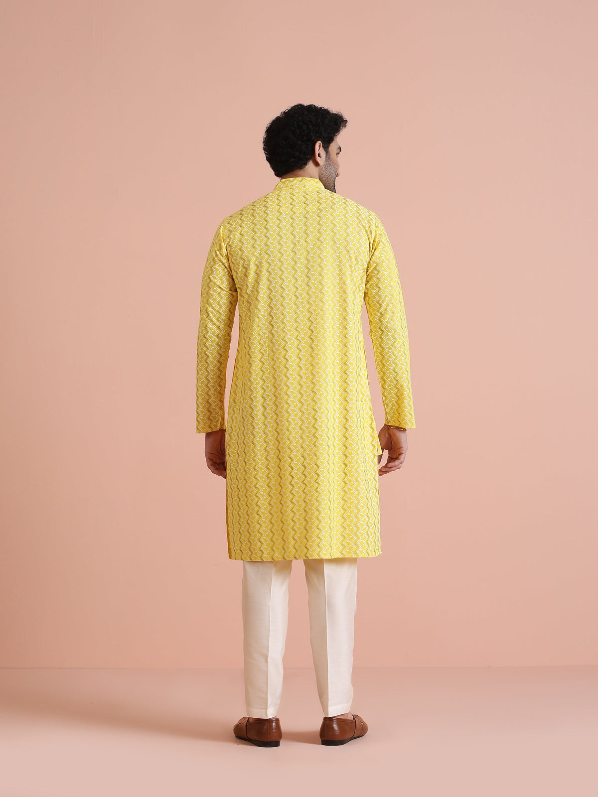 Yellow Silk Blend Kurta with Geometric Woven Pattern