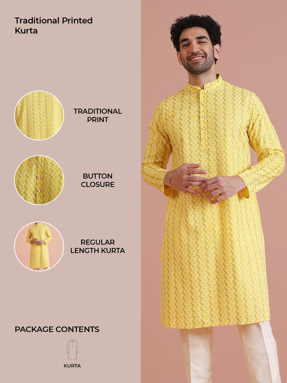 Yellow Silk Blend Kurta with Geometric Woven Pattern