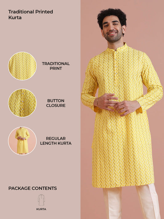 Yellow Silk Blend Kurta with Geometric Woven Pattern