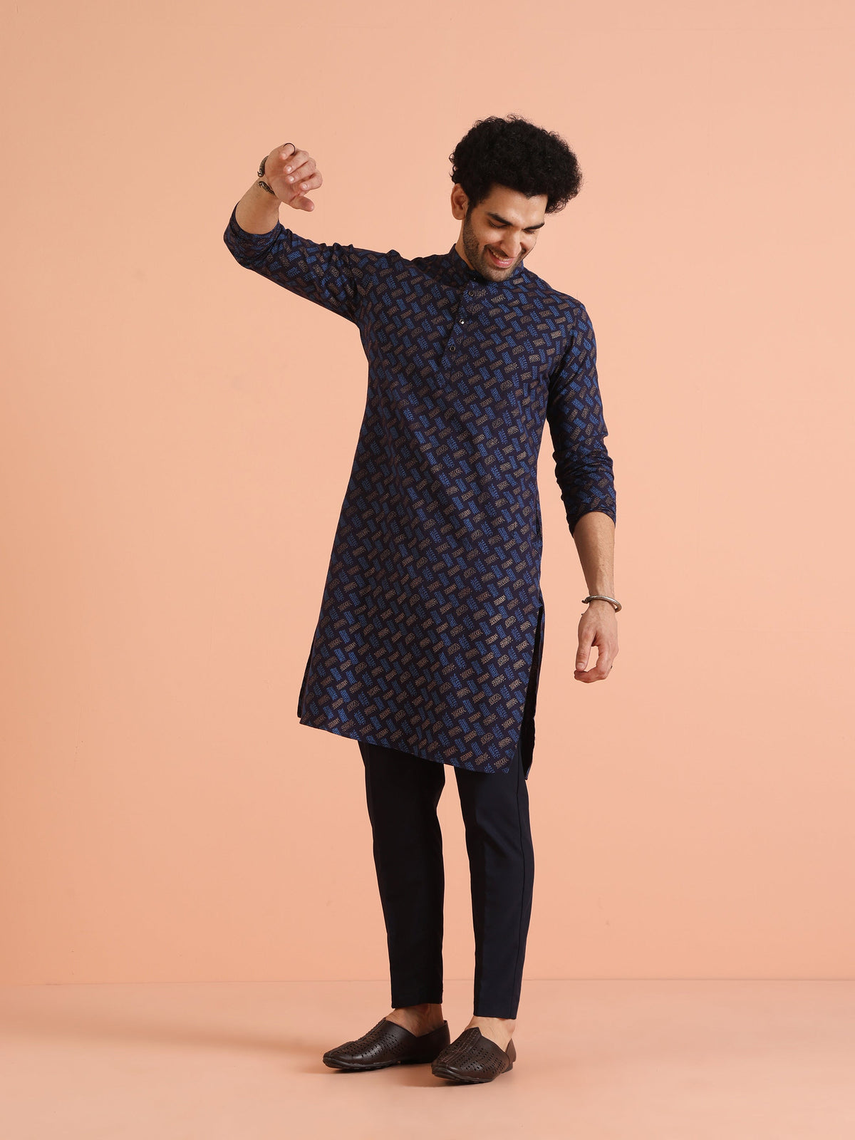 Blue Cotton Silk Printed Long Kurta