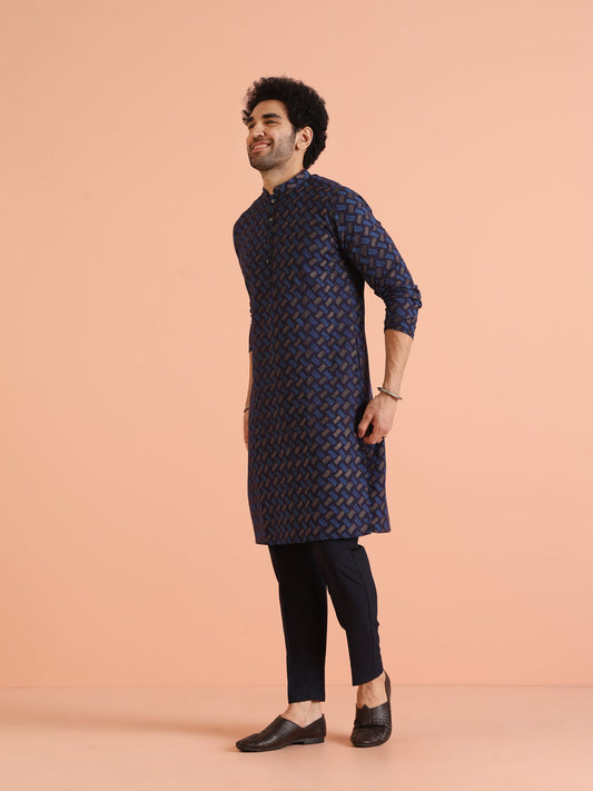Blue Cotton Silk Printed Long Kurta