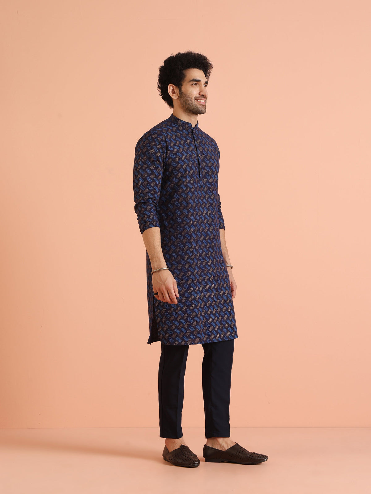 Blue Cotton Silk Printed Long Kurta