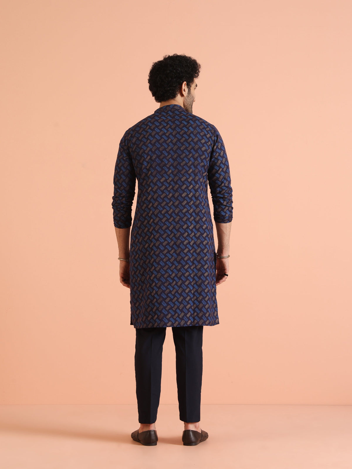 Blue Cotton Silk Printed Long Kurta