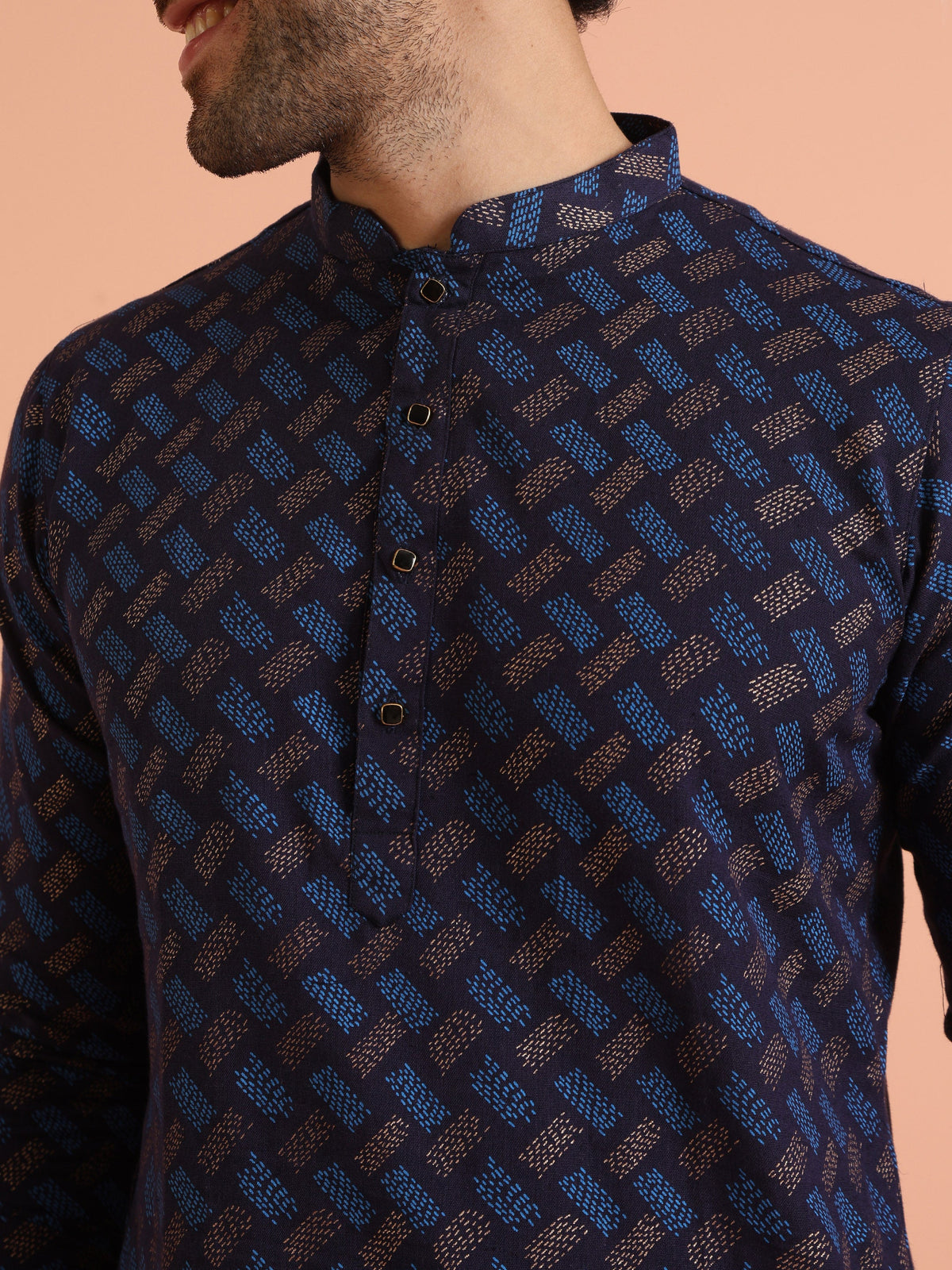 Blue Cotton Silk Printed Long Kurta