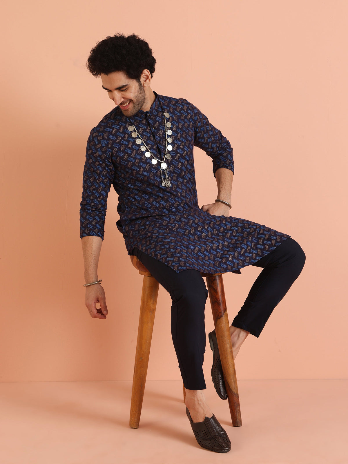 Blue Cotton Silk Printed Long Kurta