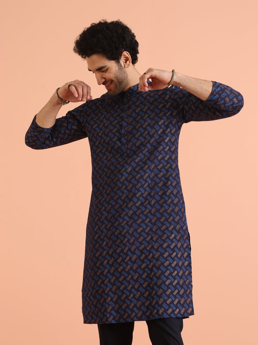 Blue Cotton Silk Printed Long Kurta