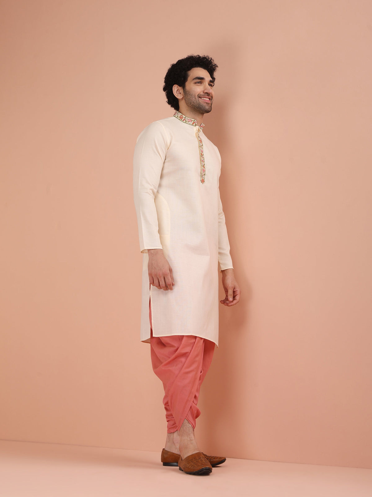 Cream Kurta with Embroidered Placket