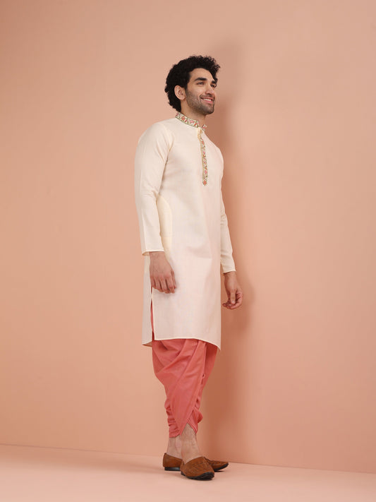 Cream Kurta with Embroidered Placket