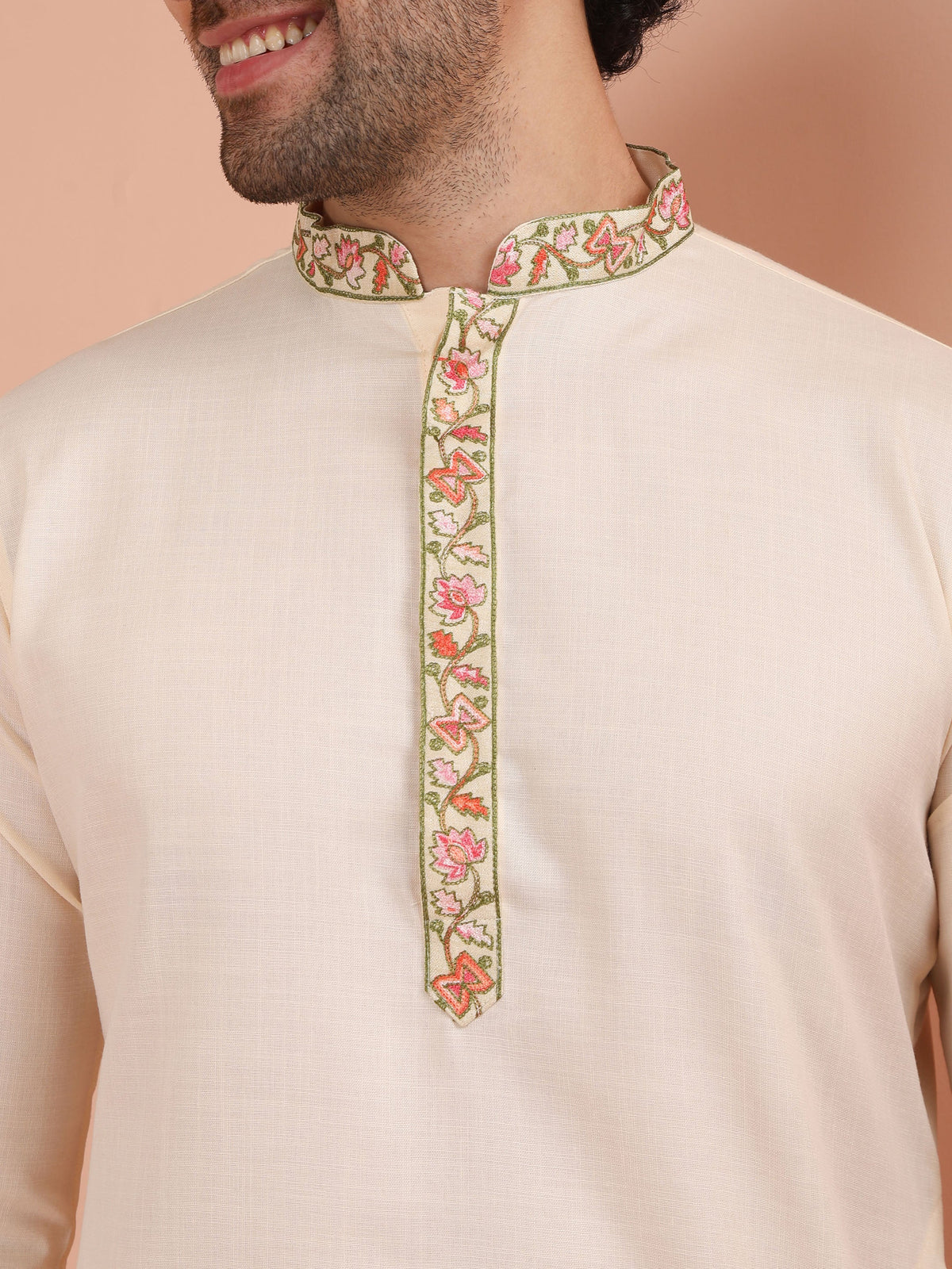 Cream Kurta with Embroidered Placket