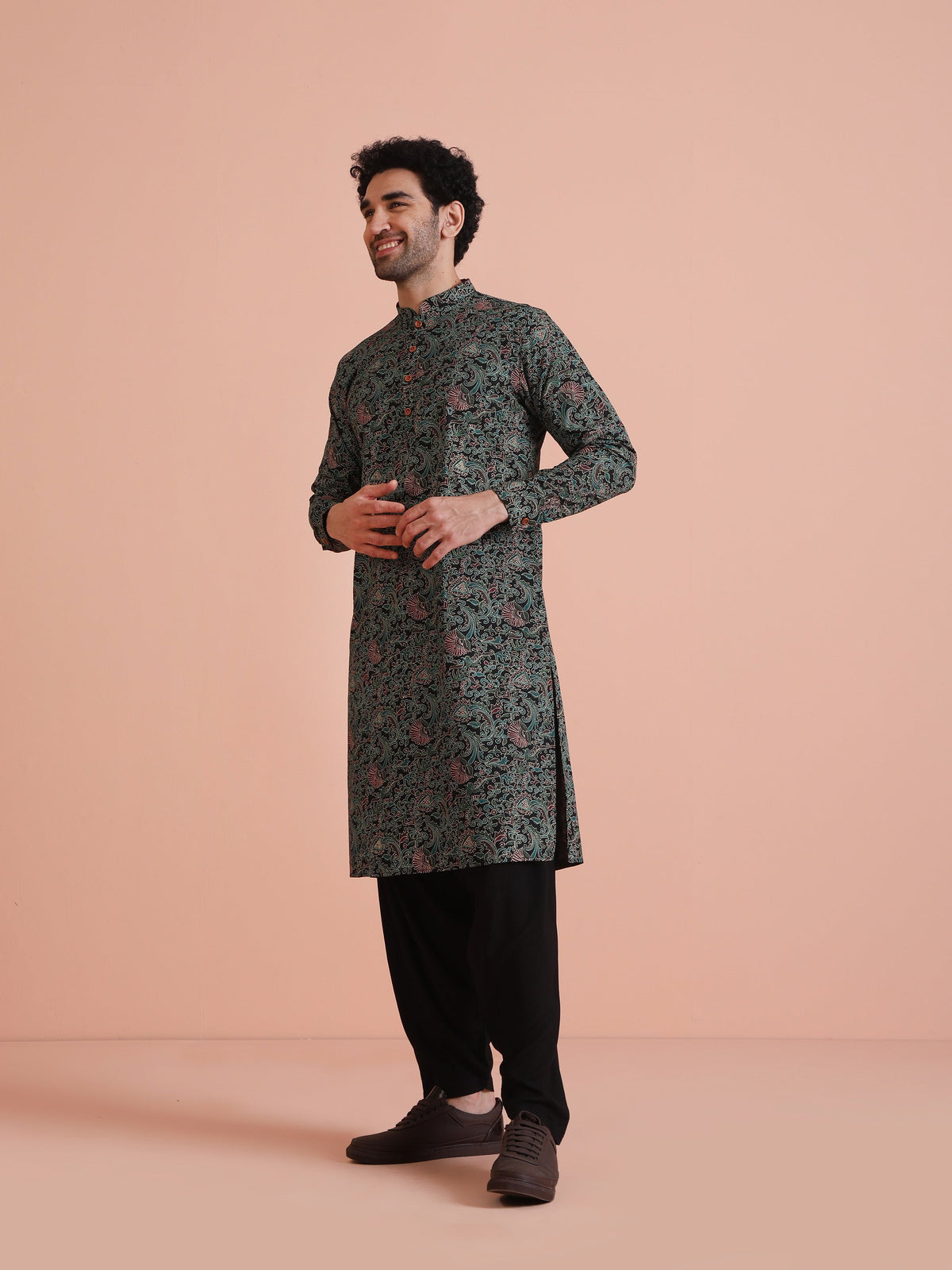 Black Printed Cotton Kurta