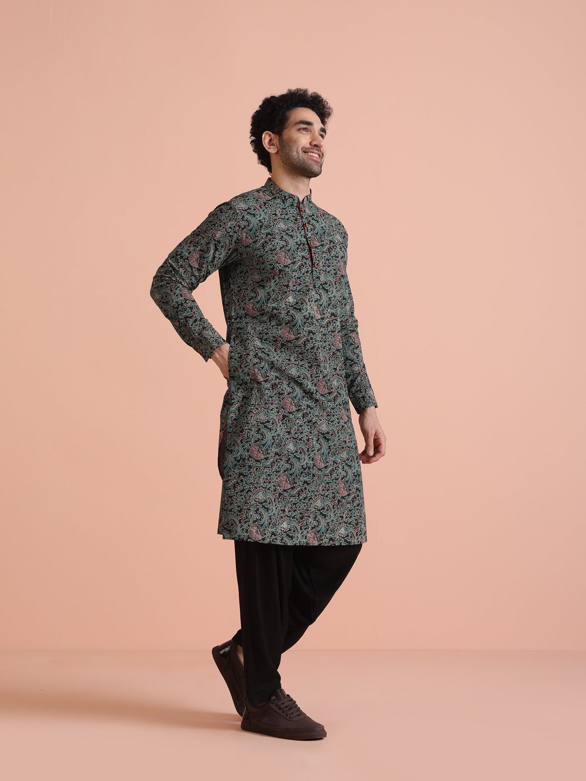 Black Printed Cotton Kurta