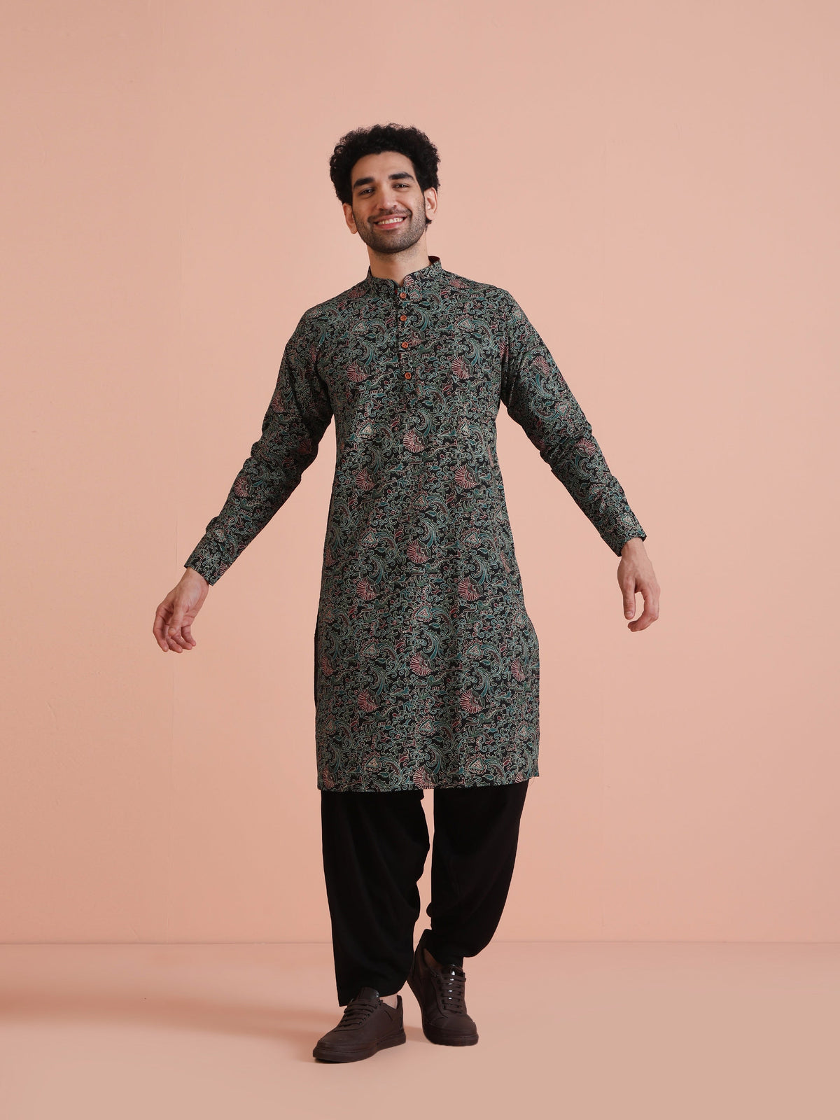 Black Printed Cotton Kurta