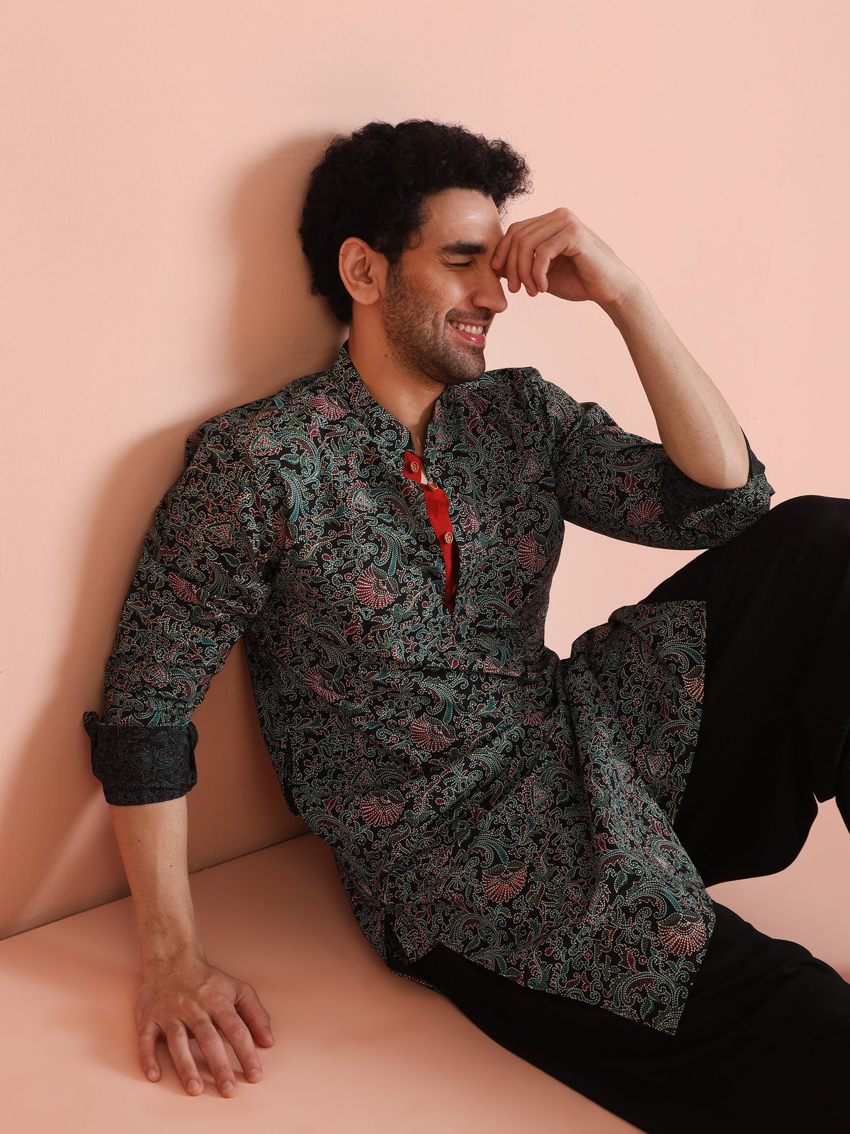 Black Printed Cotton Kurta