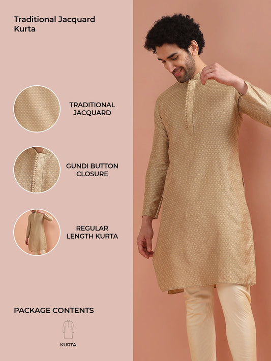 Beige Silk Blend Textured Long Kurta