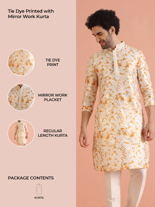 Beige Silk Blend Mirror Work Kurta