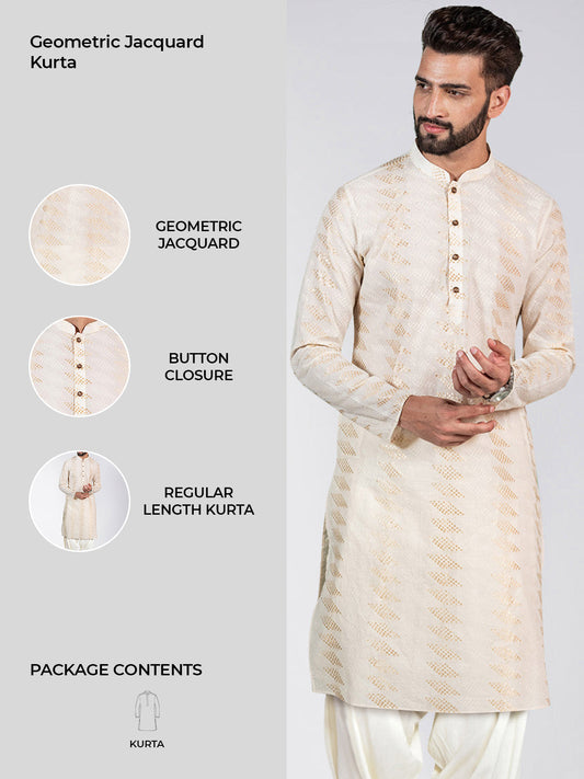 Cream Art Silk Geometric Textured Long Kurta