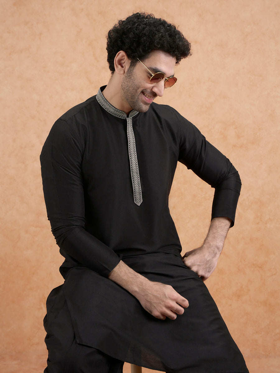 Black Cotton Silk Kurta