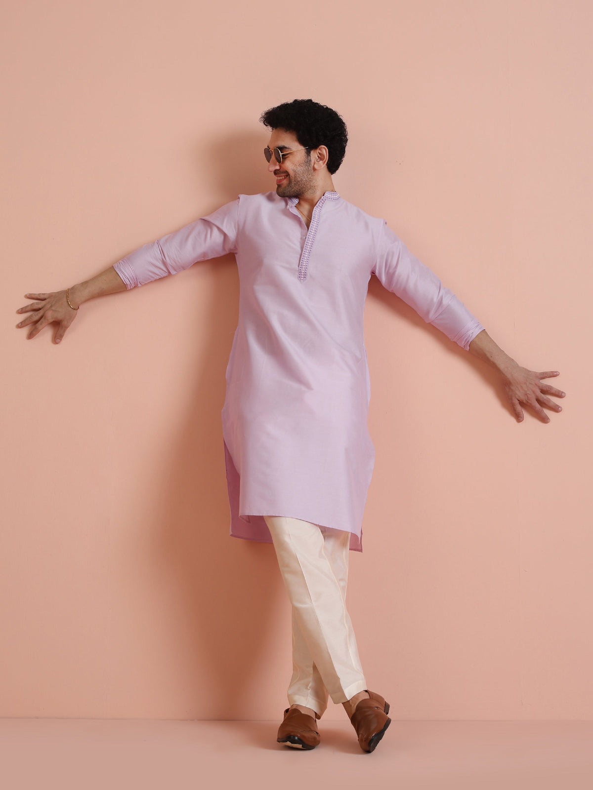 Men Lavender Solid Kurta