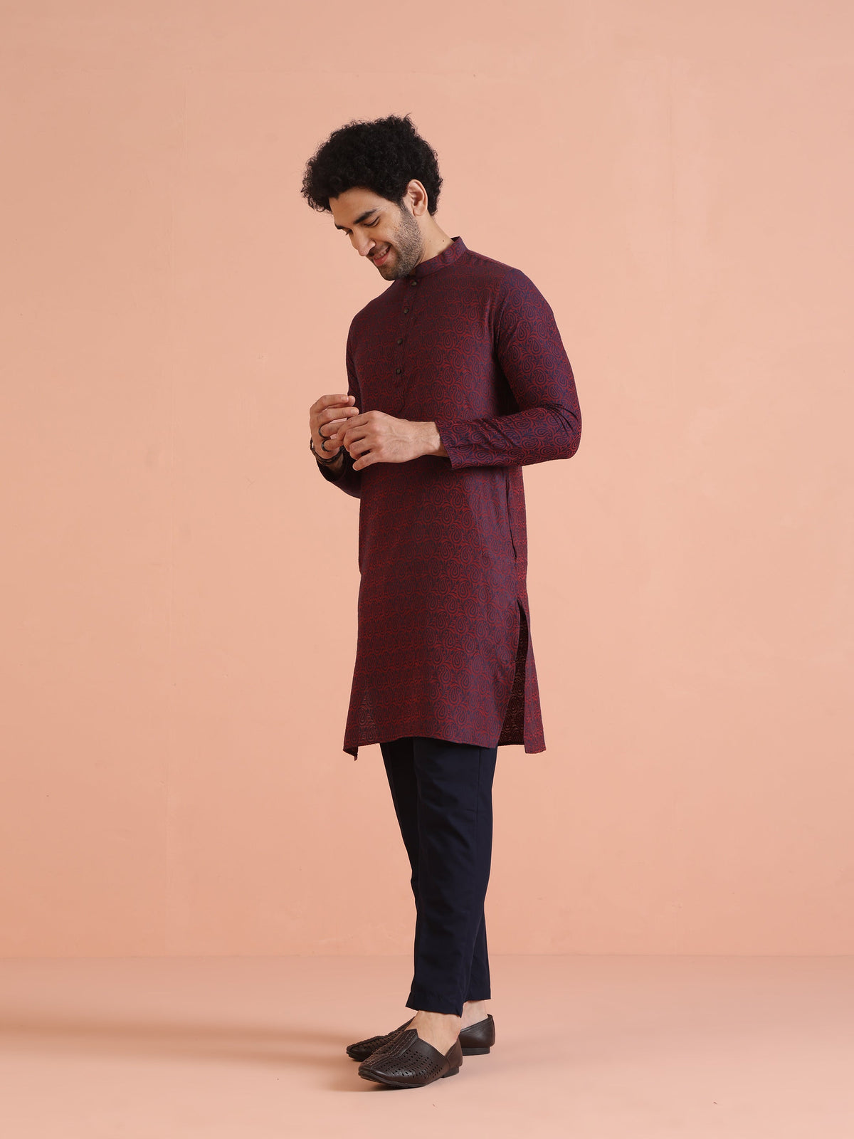 Maroon Cotton Silk Paisley Printed Kurta