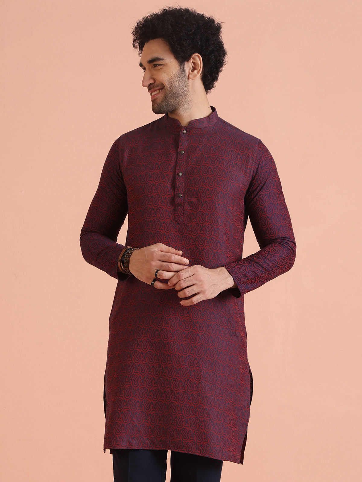 Maroon Cotton Silk Paisley Printed Kurta