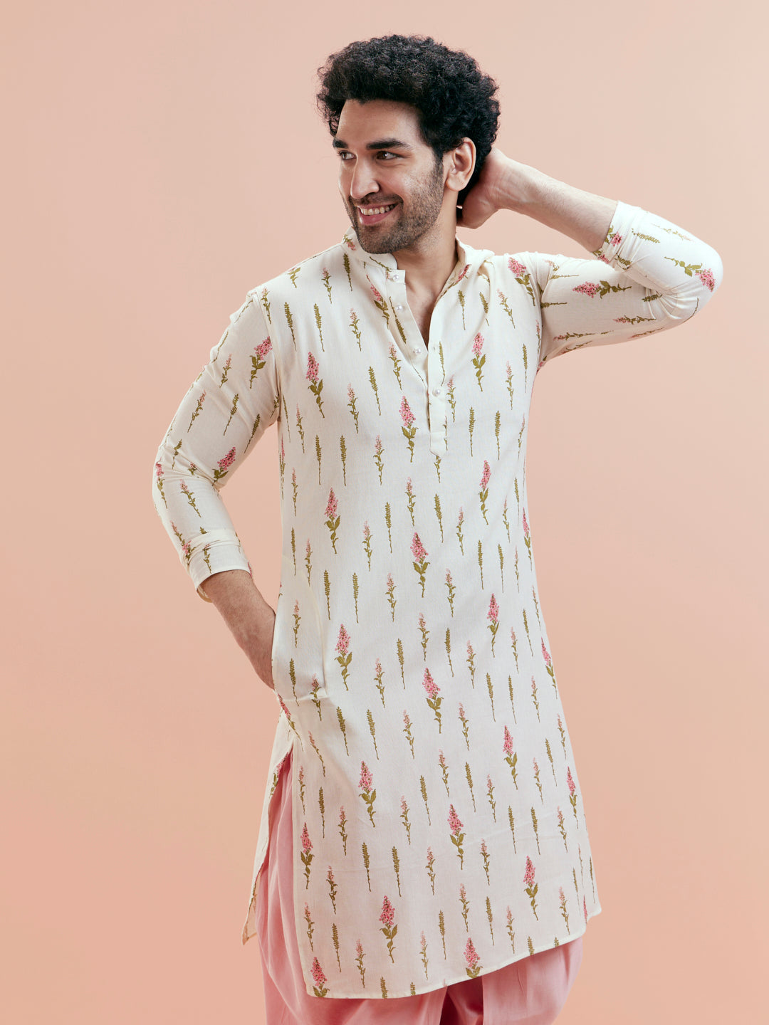 Cream Cotton Floral Printed Kurta