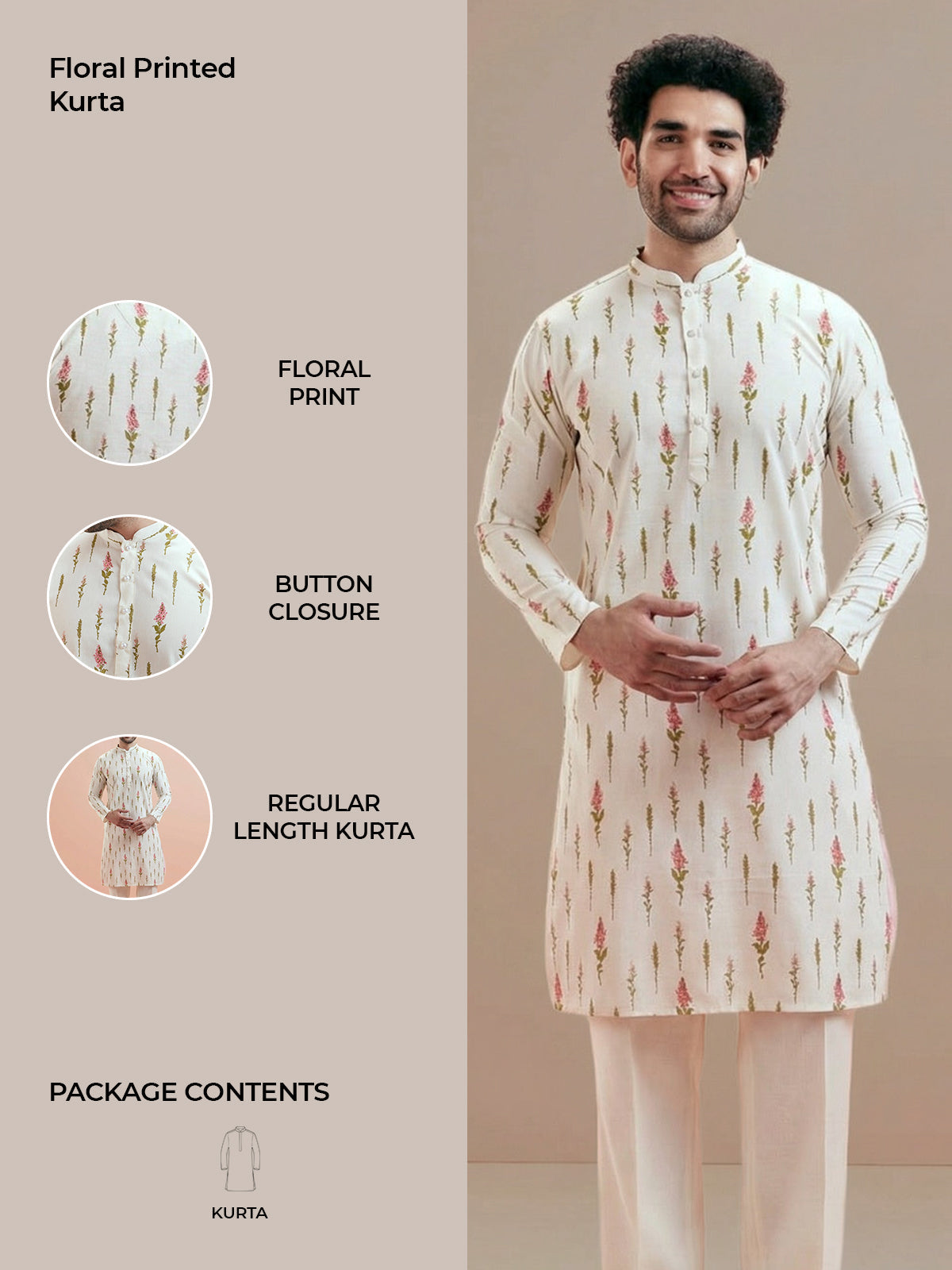 Cream Cotton Floral Printed Kurta