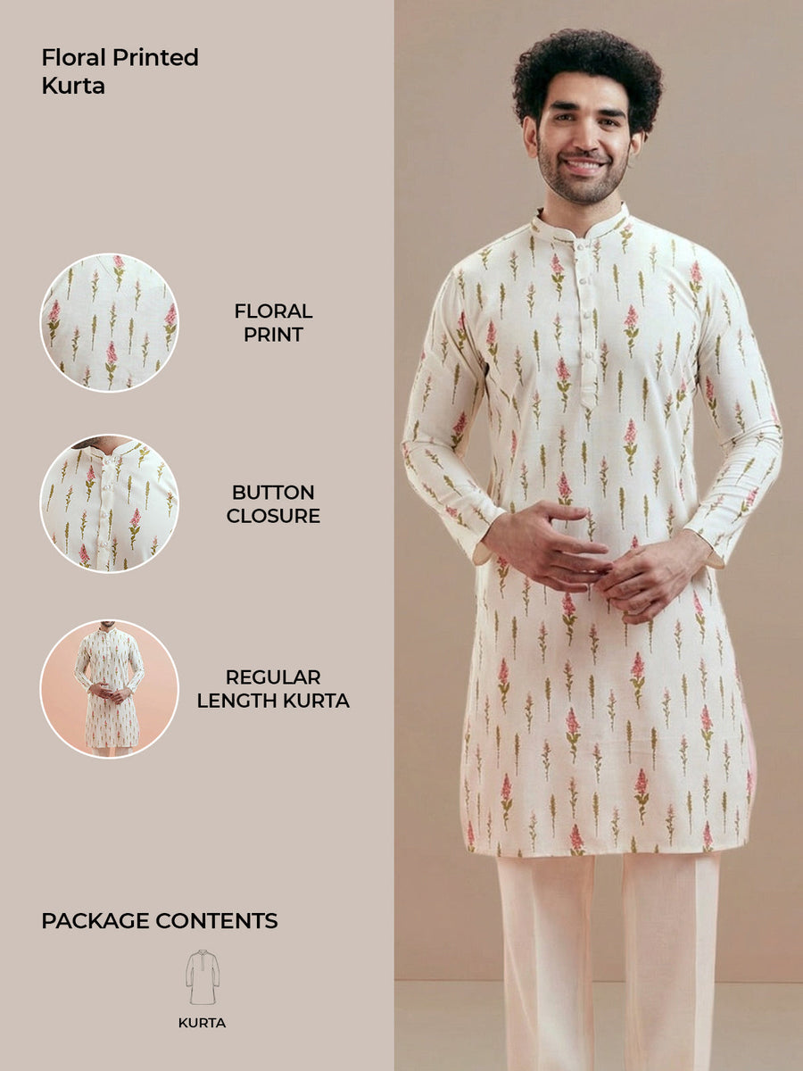 Cream Cotton Floral Printed Kurta