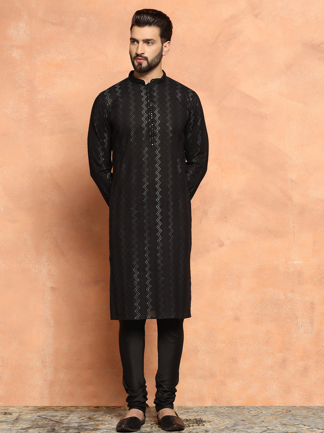 Black Jacquard Woven Silk Blend Kurta