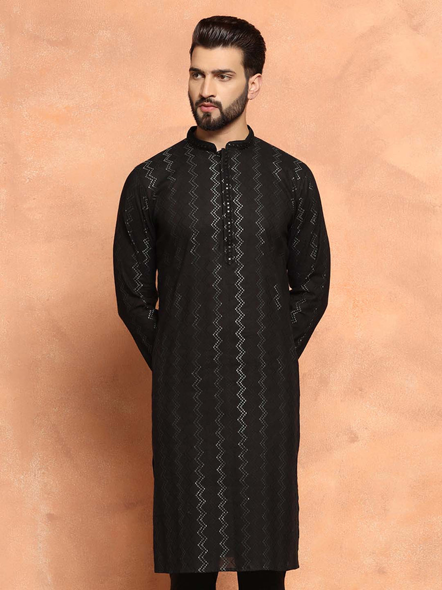 Black Jacquard Woven Silk Blend Kurta