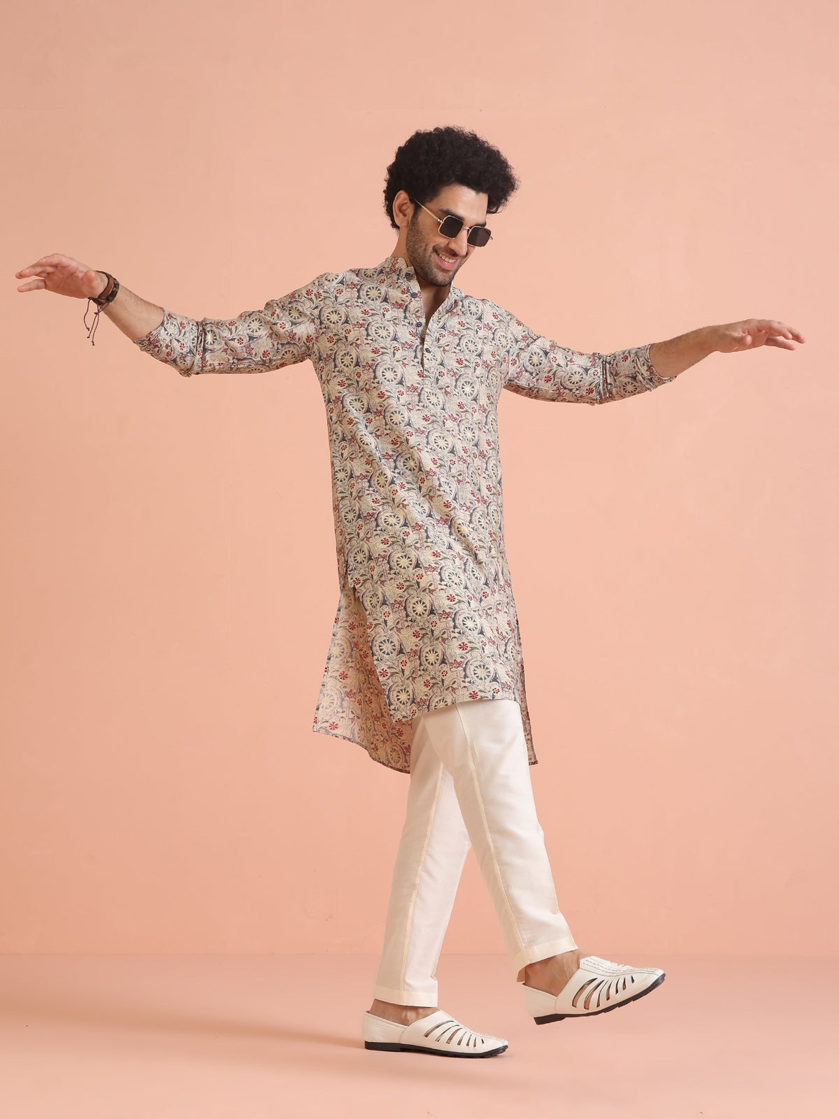 Multicolor Beige Printed Cotton Kurta