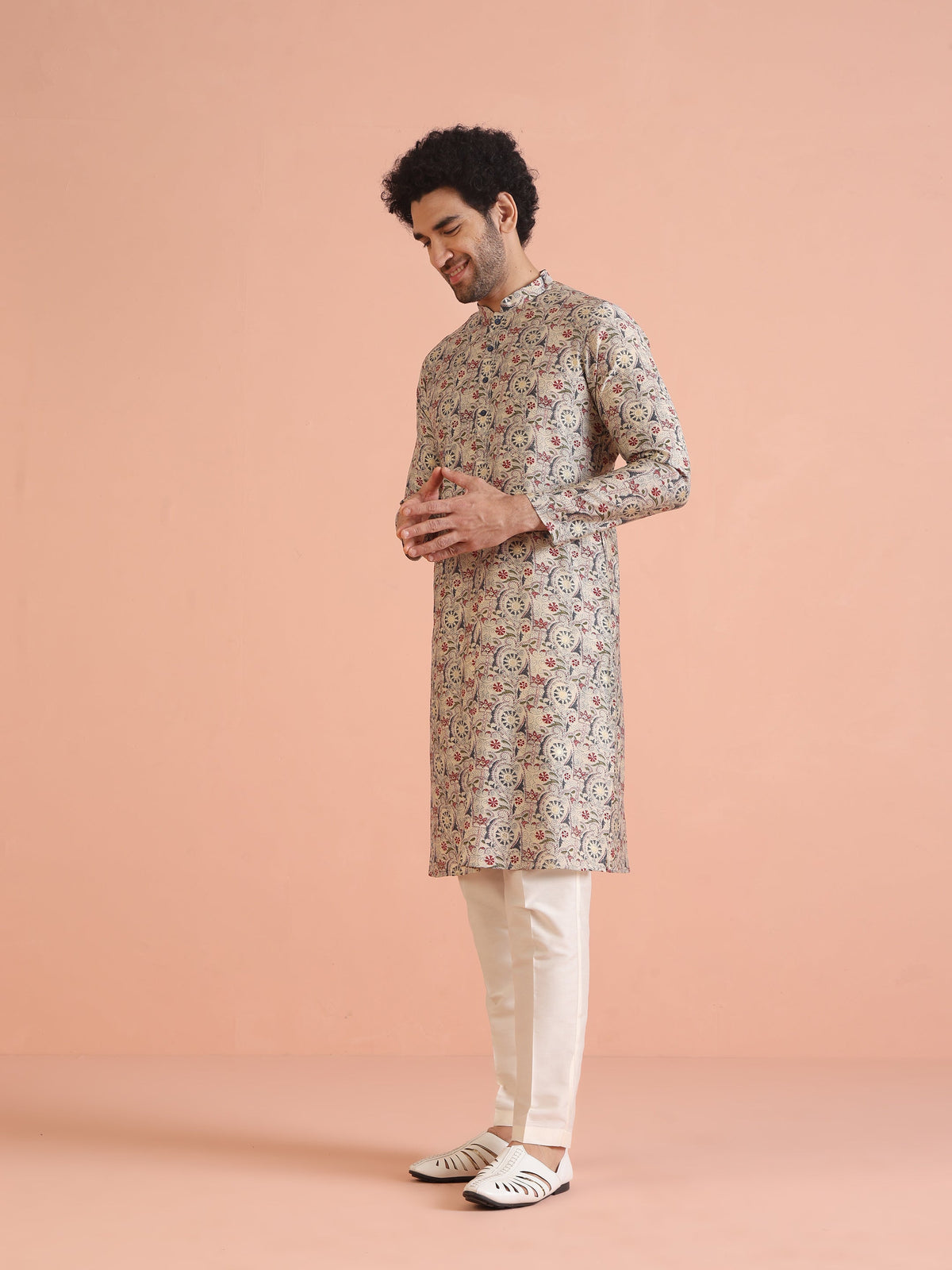 Multicolor Beige Printed Cotton Kurta