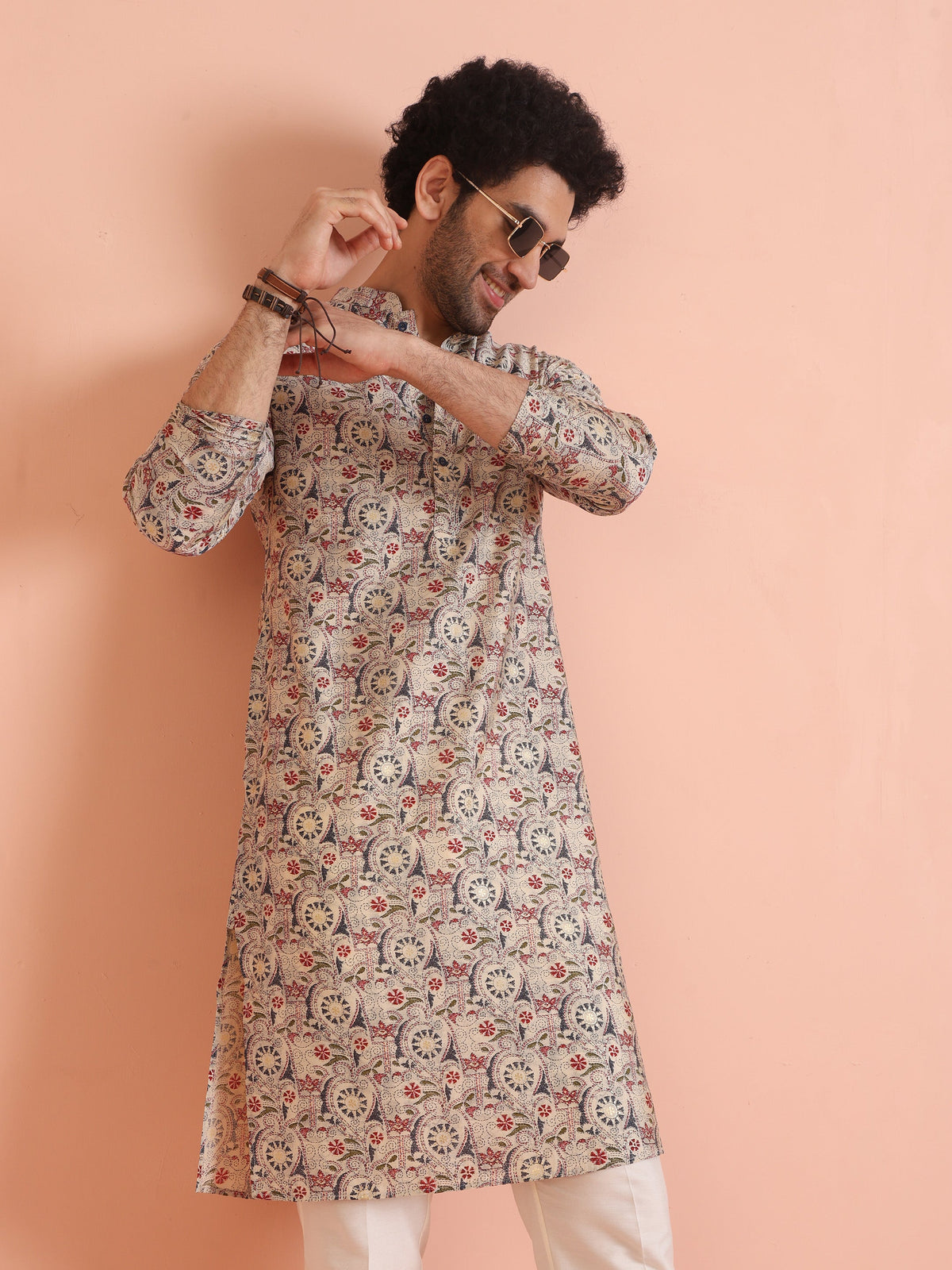 Multicolor Beige Printed Cotton Kurta