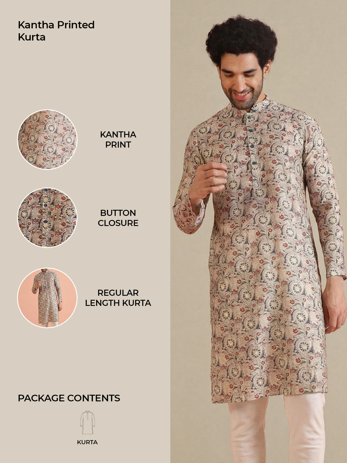 Multicolor Beige Printed Cotton Kurta