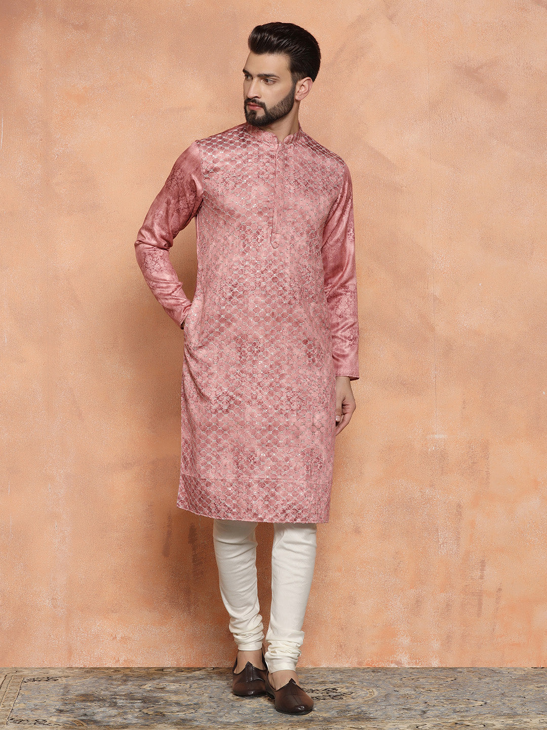 Pink Cotton Blend Embroidered Long Kurta