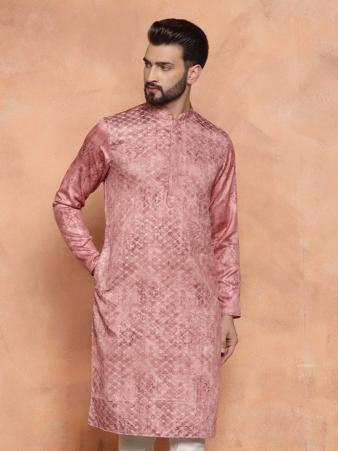 Pink Cotton Blend Embroidered Long Kurta