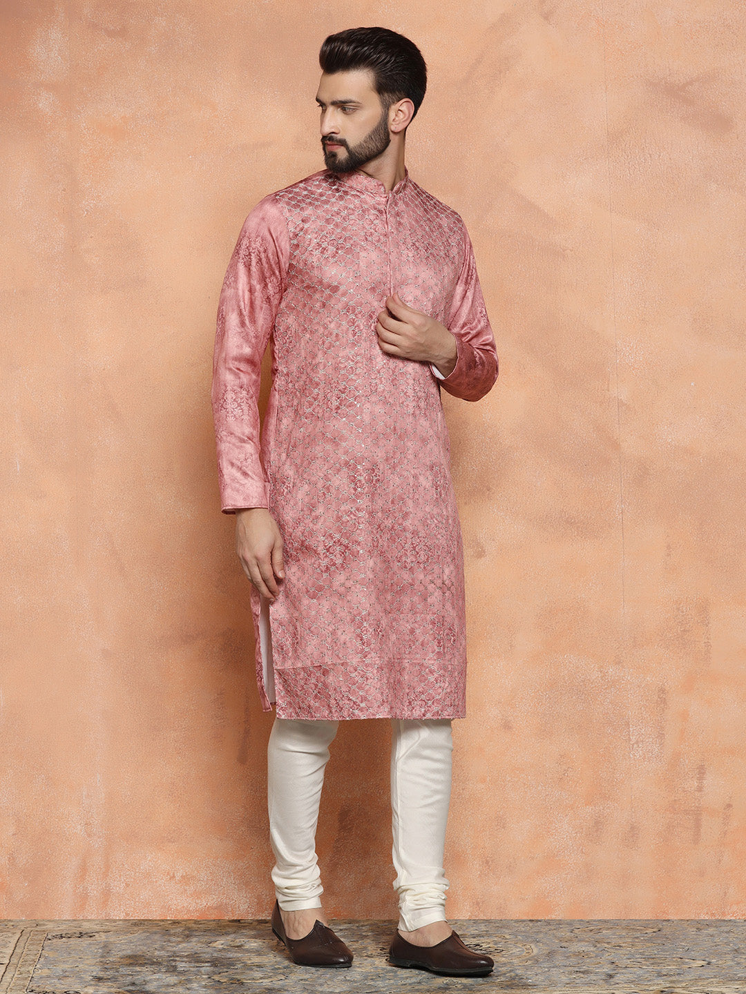 Pink Cotton Blend Embroidered Long Kurta