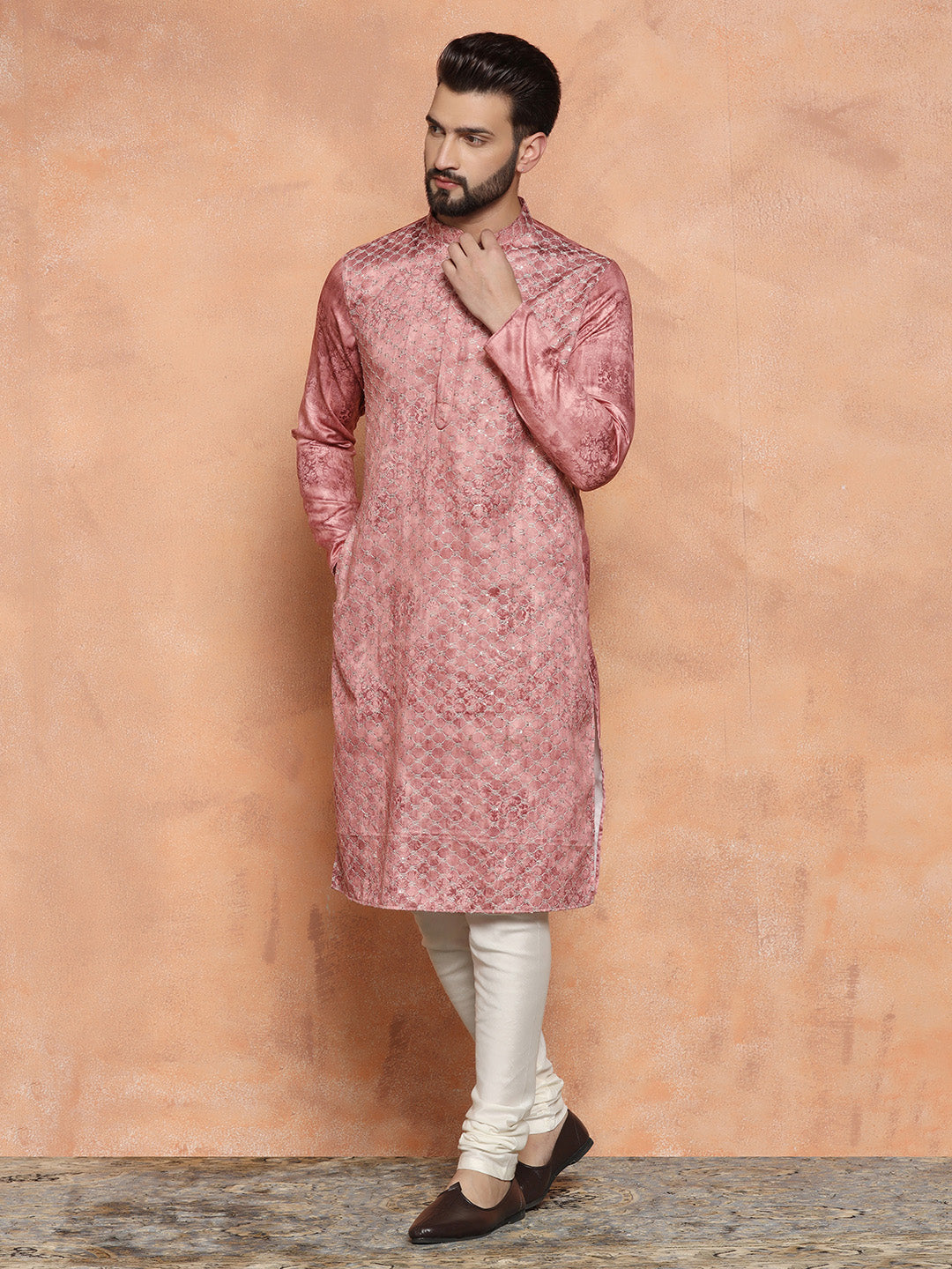 Pink Cotton Blend Embroidered Long Kurta