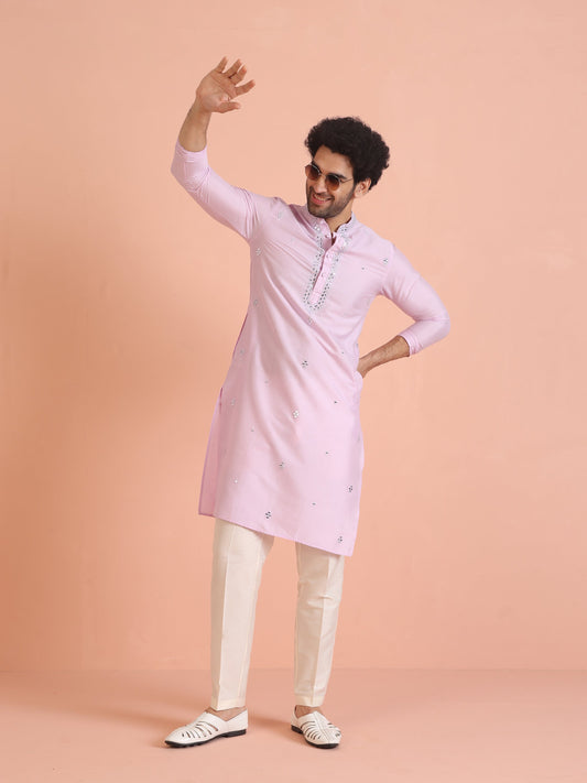 Light Pink Cotton Blend Embroidered Kurta with Intricate Neckline