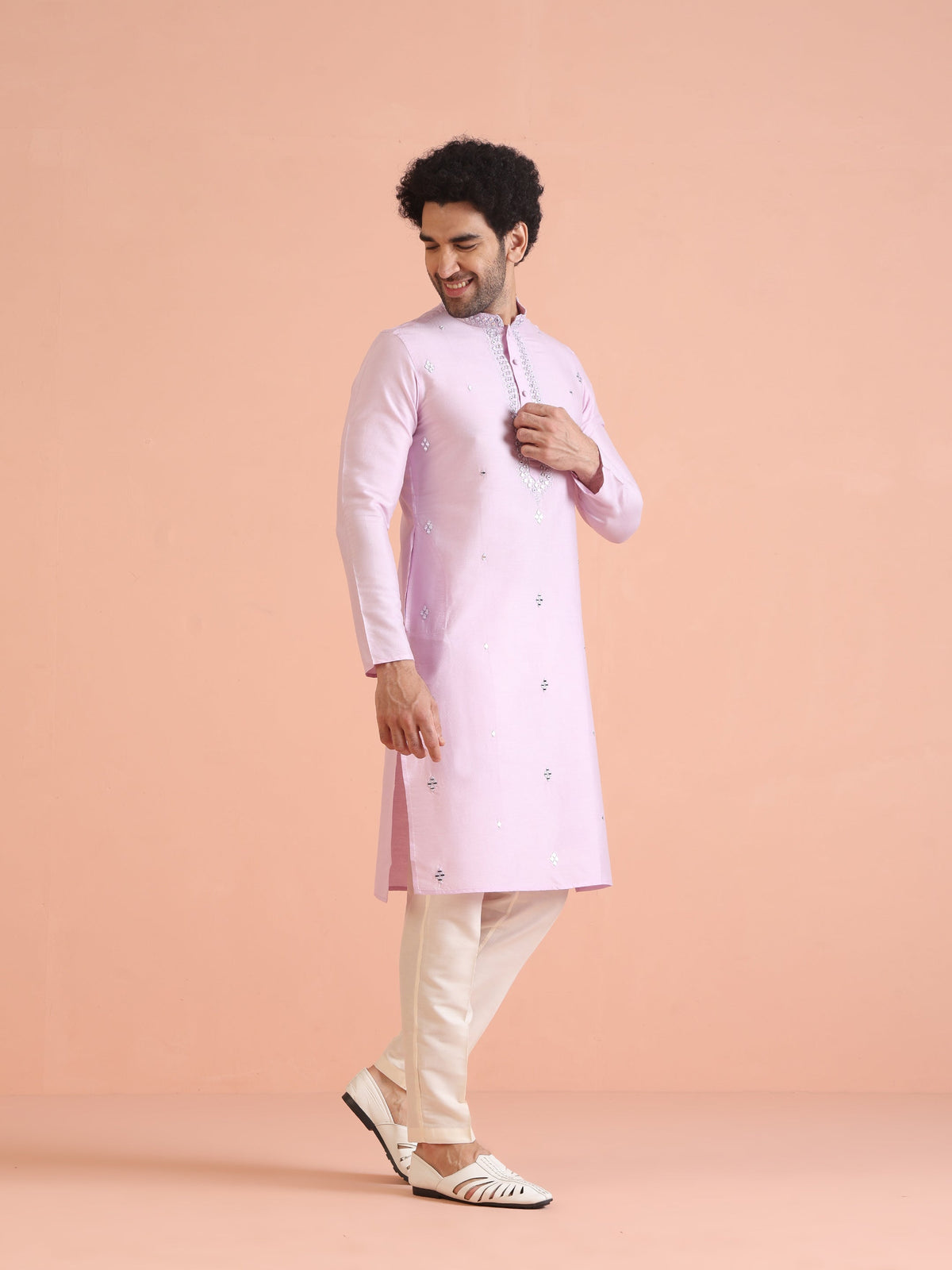 Light Pink Cotton Blend Embroidered Kurta with Intricate Neckline